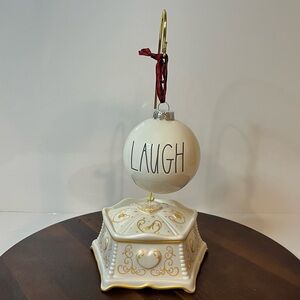 Rae Dunn “LAUGH” Christmas Ornament – White Ceramic with Plaid Ribbon